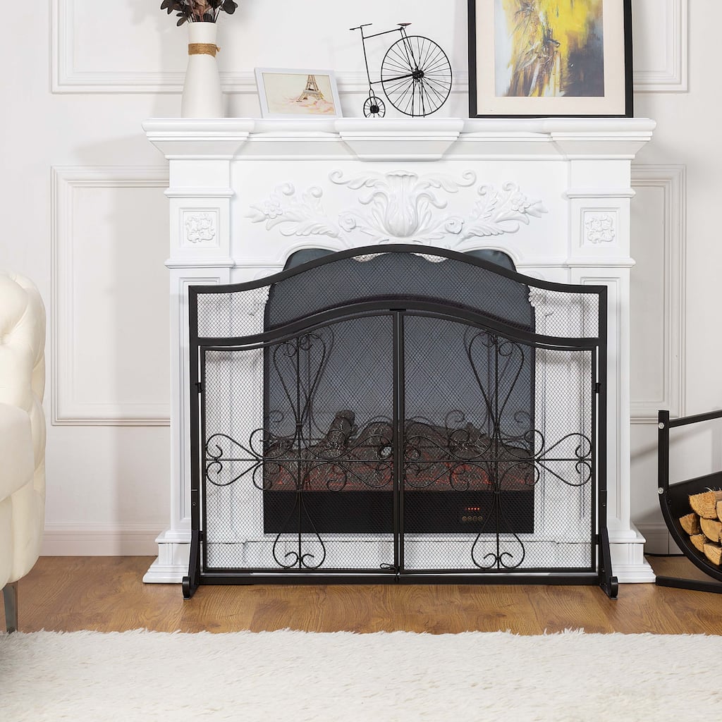 Elegant 2 Panel Black Unique Pattern Iron Fireplace Screen- - 37.8'' x 12.2'' x 31.1''