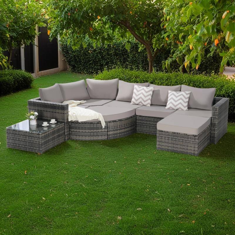 8-Piece Outdoor Patio Rattan Modular Sectional Sofa Set with Tempered Glass Coffee Table - Light Gray
