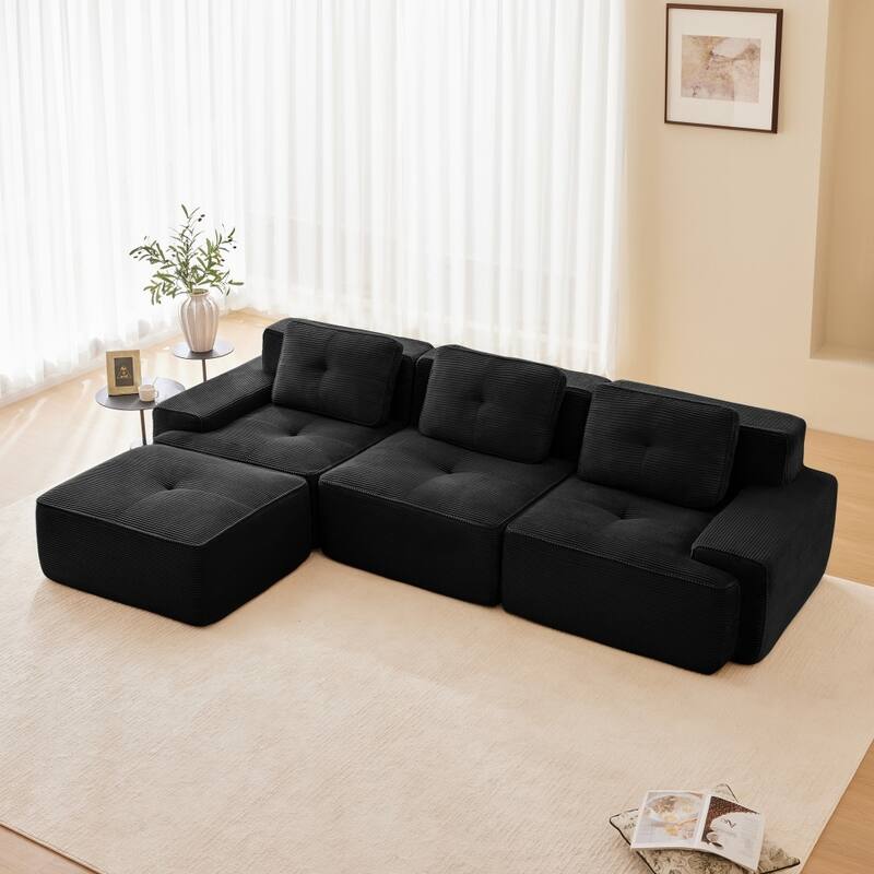 Modern 3-Seater Modular Tufted Design Corduroy Sectional Sofa with Deep Seat - Black