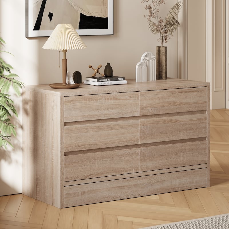 Wood Grain 7-Drawer Dresser with Hidden Compartments and Kick-to-Open Bottom Drawer