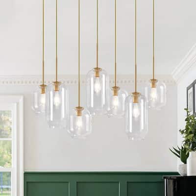 7-Light Cluster Glass Shade Linear Island Pendant - Mid-century Modern
