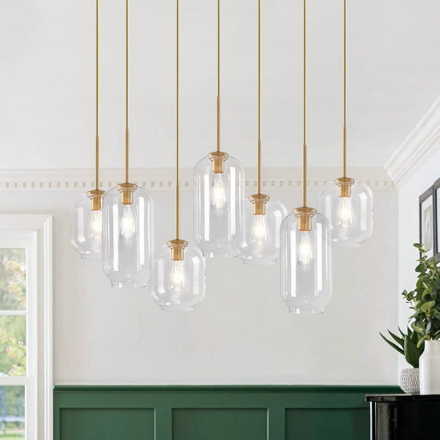 7-Light Cluster Glass Shade Linear Island Pendant - Mid-century Modern
