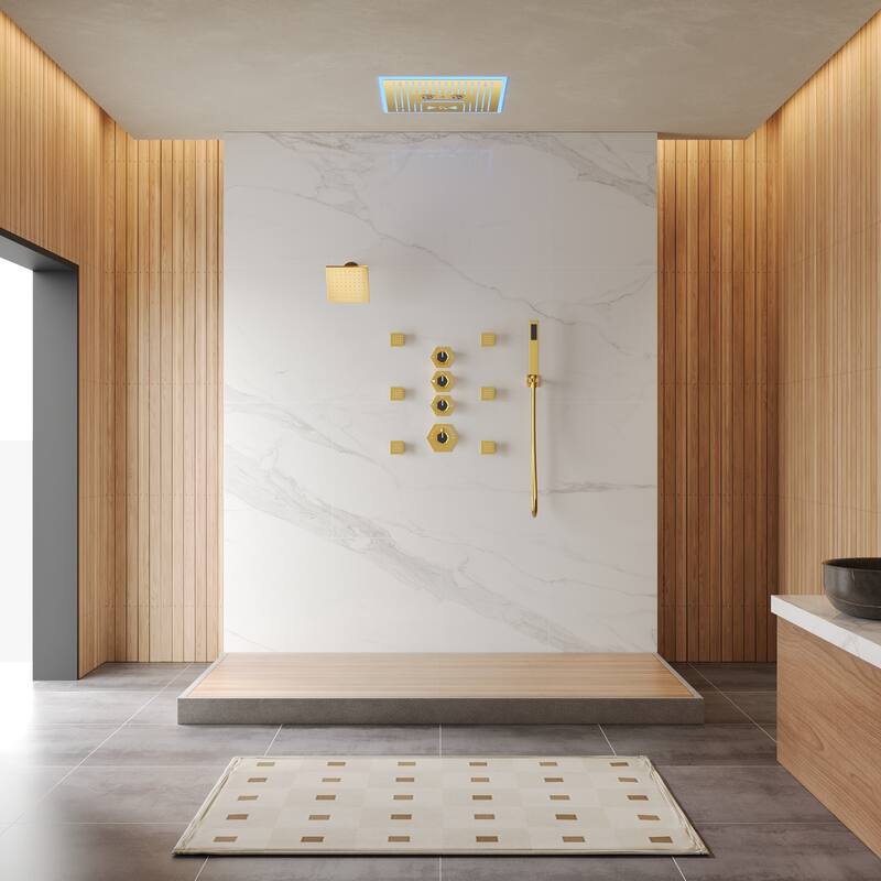 Shower Faucet Set Dual Heads with 3 Spray Modes 16" Ceiling and 6" Wall Mount Body Jets Handheld Spray LED Music