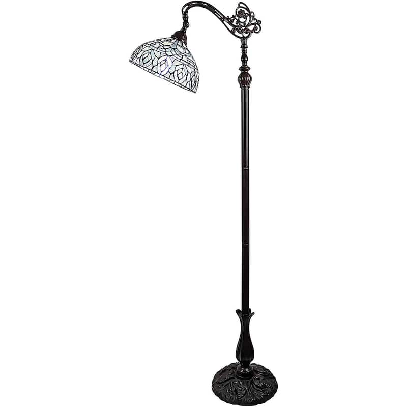 Brown Metal Torchiere Floor Lamp with White Peacock Glass Shade - 12” x 12” x 62” (D x W x H) - Brown-White