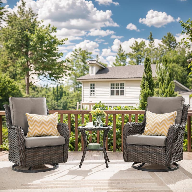 Gymojoy Wicker Swivel Glider Chair Outdoor Rocking Seating with Olefin Cushions - Brown Wicker / Grey Cusion - 3-Piece