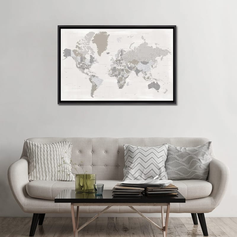 iCanvas "Highly Detailed World Map In Taupe, Donah" by blursbyai Framed