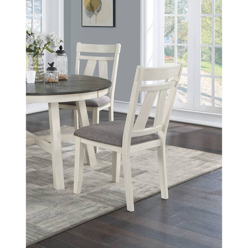 Dining Room Furniture 5pc Dining Set Round Table And 4x Side Chairs Gray Fabric Cushion Seat White Clean Lines Wooden Ta