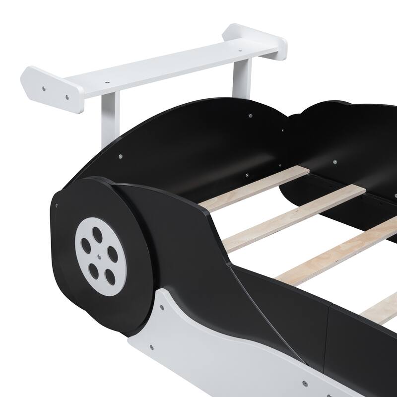 Wooden Race Car-Shaped Platform Bed with Guardrail