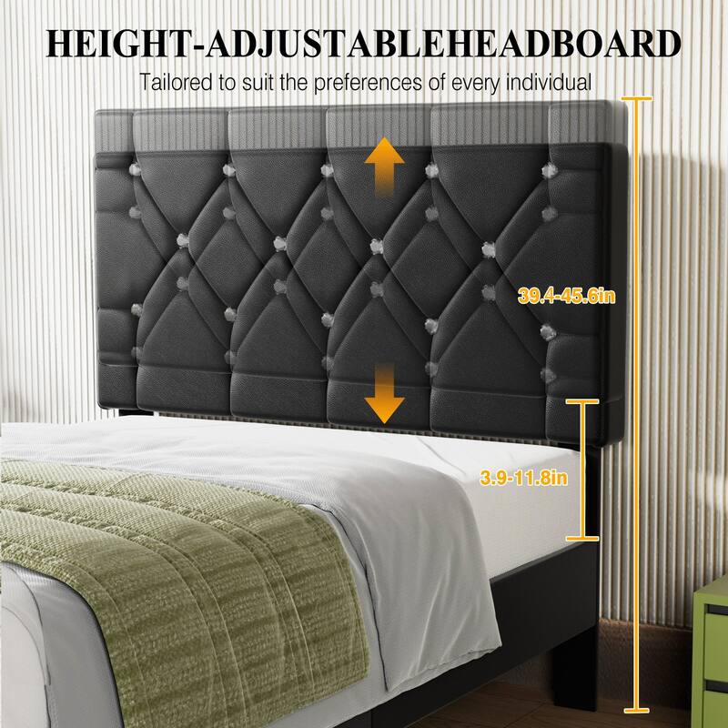 Javlergo 2-Piece Twin Bed Frame Set 39.4-45.3" Adjustable Height PU Leather Headboard with Diamond Embellishment Storage Drawer