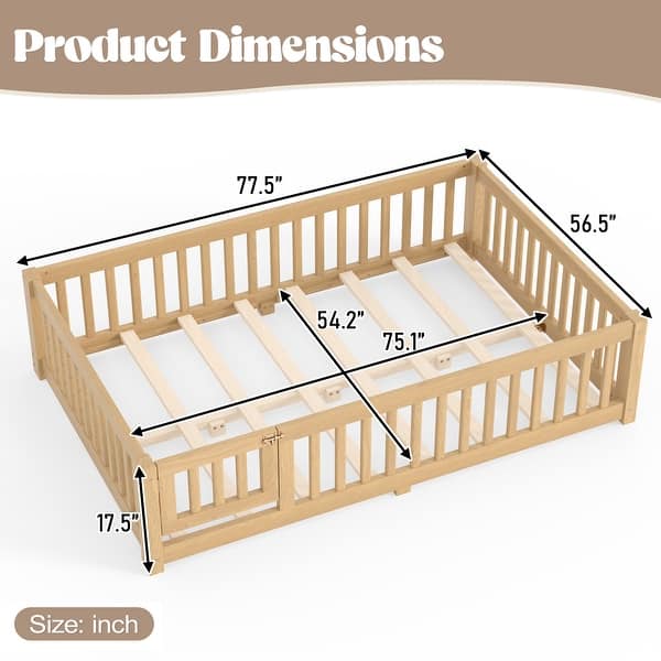dimension image slide 14 of 16, Wood Floor Bed with Safety Guardrails and Door