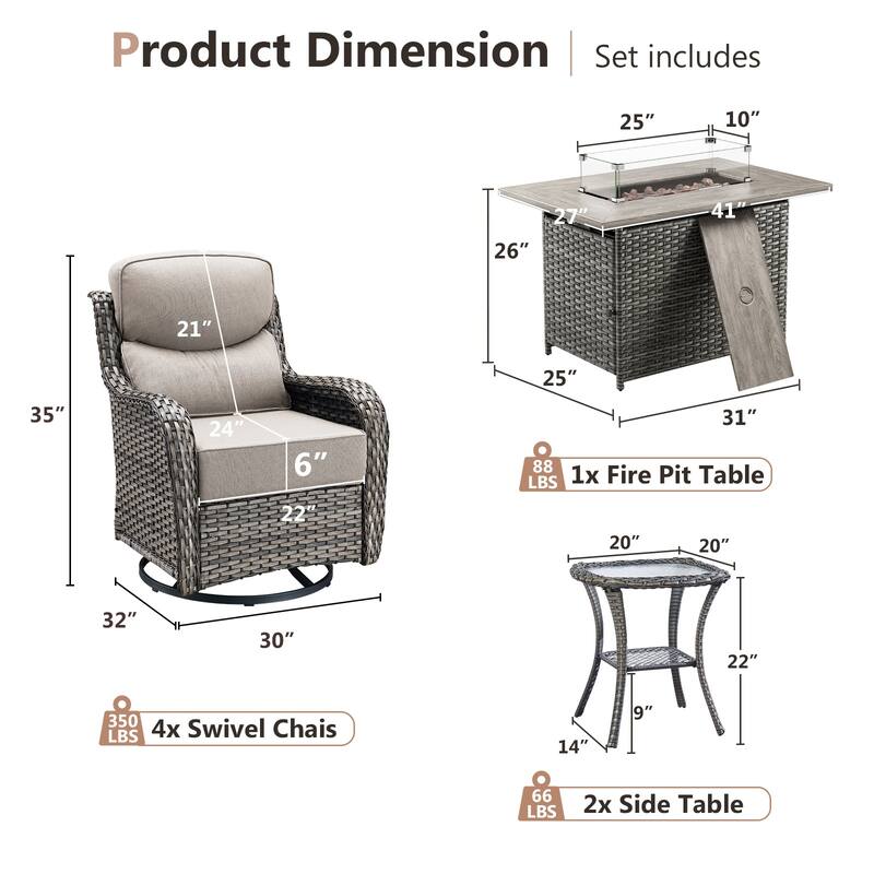 Pocassy 7 Pieces Outdoor 6 Inch Swivel Chair Table with Fire Pit Table
