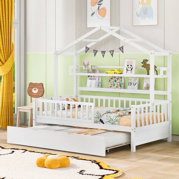 slide 2 of 13, Twin House Bed with Trundle and Storage Shelves for Kids, Wooden Frame with Roof Design and Play Area