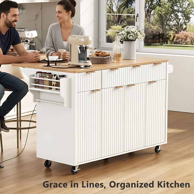 Fluted 55.5" Kitchen Island with Drop Leaf, Rolling Island Table with Drawers, Power Outlet for Functional Kitchen Organization