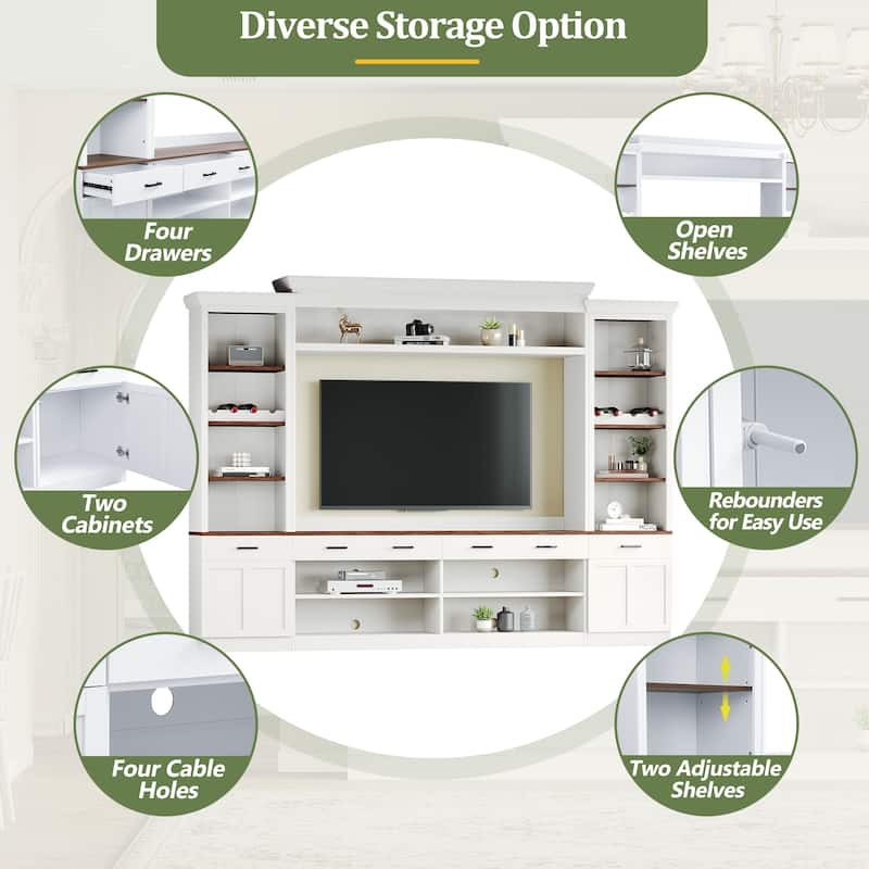 Farmhouse 4-Piece Entertainment Center with Bookshelf, for TVs Up to 70" - 108.2" W × 16.3" D × 80.4" H