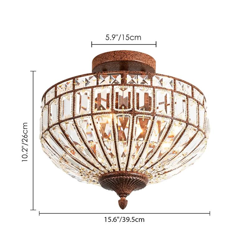 15.6" 3-Light Retro Rust-Colored Bowl Shaped Faceted Clear Crystal Semi-Flush Mount Ceiling Light for Bedroom, Kitchen