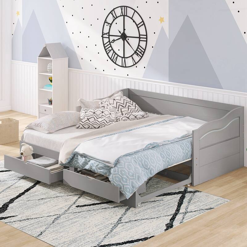 Wooden Daybed with Trundle Bed and Two Storage Drawers