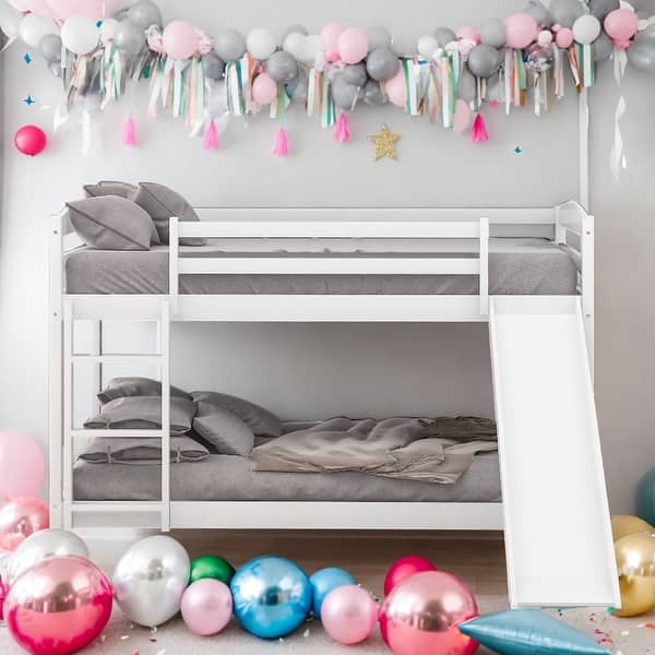 slide 2 of 17, Modern Twin Over Twin Rugged Wooden Frame Bunk Bed With Convertible Slide And Ladder White