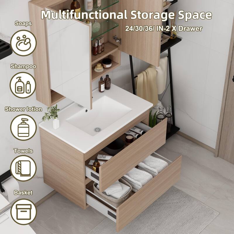 CB HOME 24''/30''/36''/48''/60'' Wall Mounted Bathroom Vanity with Sink, OAK Floating Bathroom Vanity Cabinet with Sink,Drawers.