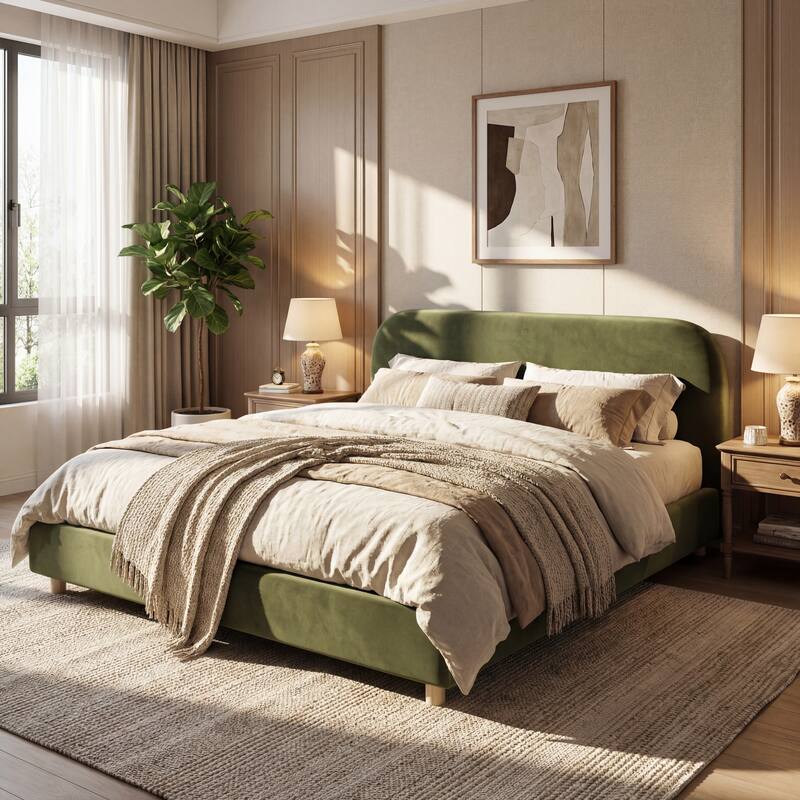 Christopher Knight Home - Eleanor Boucle Fabric Upholstered Platform Bed with Curve-Shaped Design