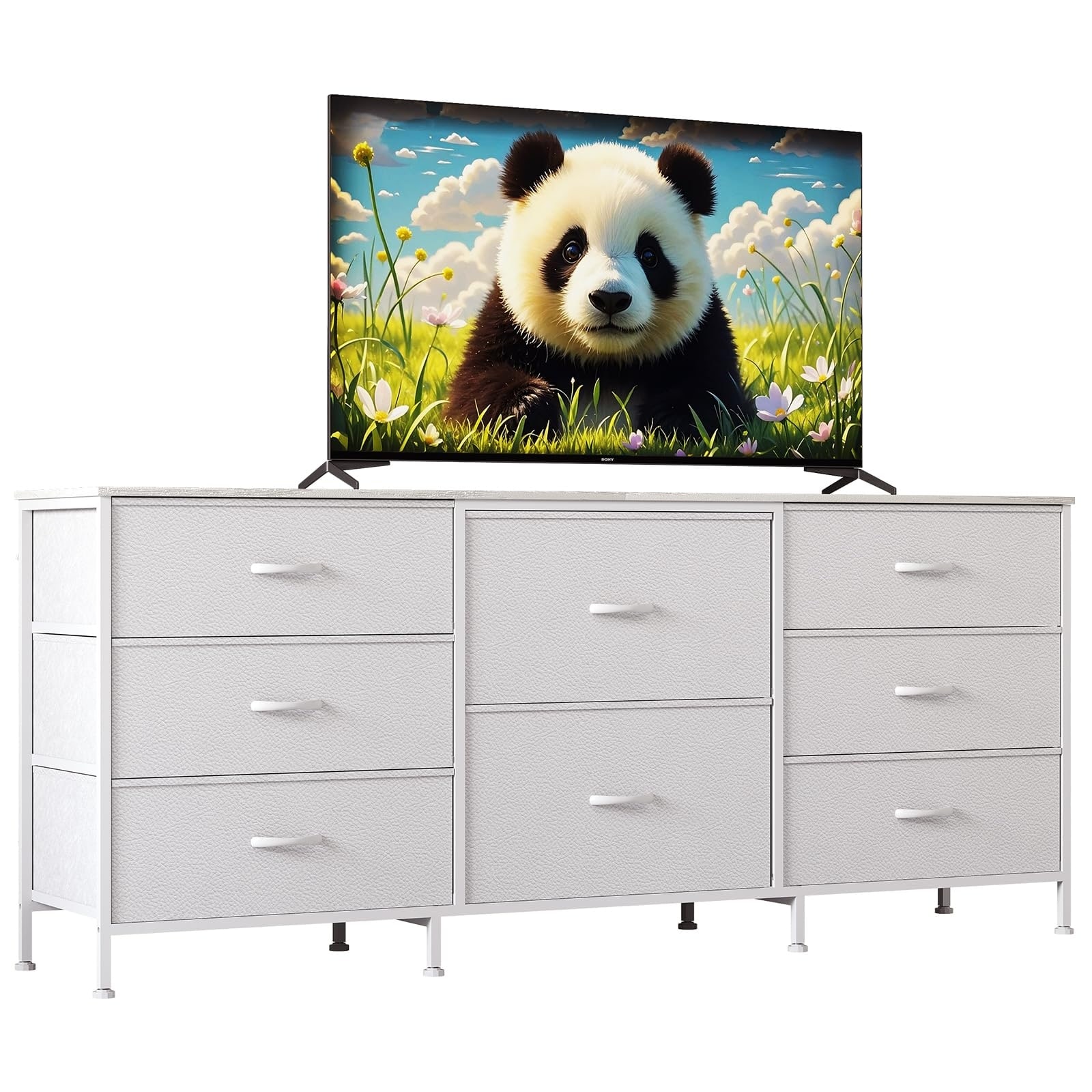 63" TV Stand Dresser with 8 Fabric Drawers for TVs up to 75", Storage Organizer with Wooden Top & Metal Frame