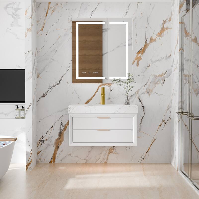 36/48/60 Modern Floating Bathroom Vanity with Sinle/Double Sink & Soft-Close Drawers & LED Lighting & Waterproof, White - 36''single sink