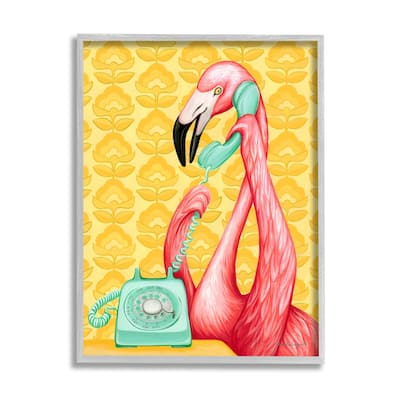 Stupell Flamingo Calling Dial Telephone Groovy Flowers Wallpaper Framed Wall Art, Design by Amelie Legault - Yellow