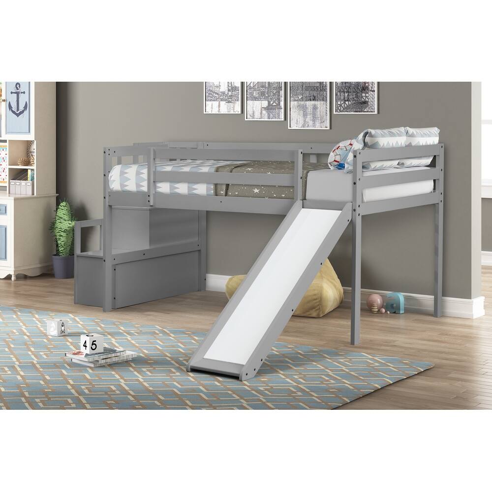 Loft Bed with Staircase, Storage, Slide, Twin size, Full-length Safety Guardrails, No Box Spring Needed, Grey