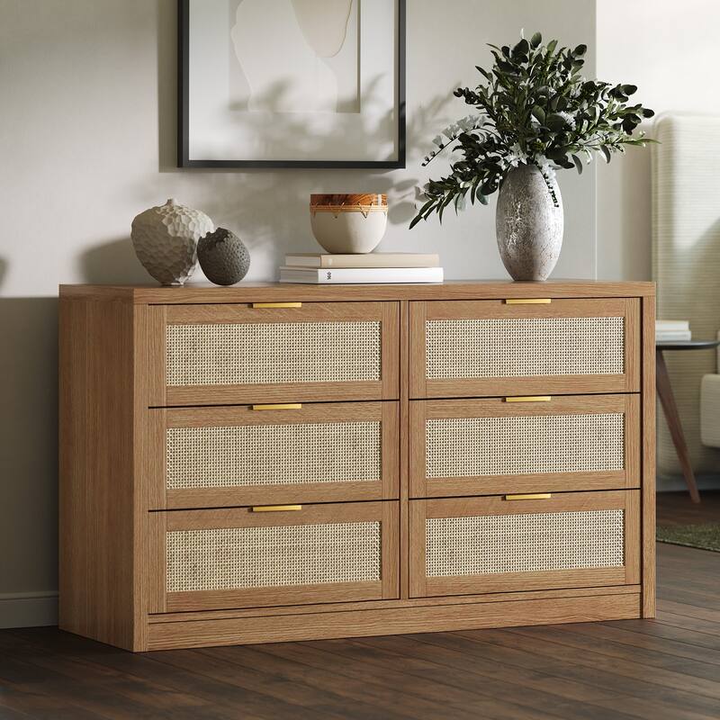 53" Rattan Dresser for Bedroom - 6-Drawer Boho Chest of Drawers, Large Storage Cabinet for Clothes, TV Stand