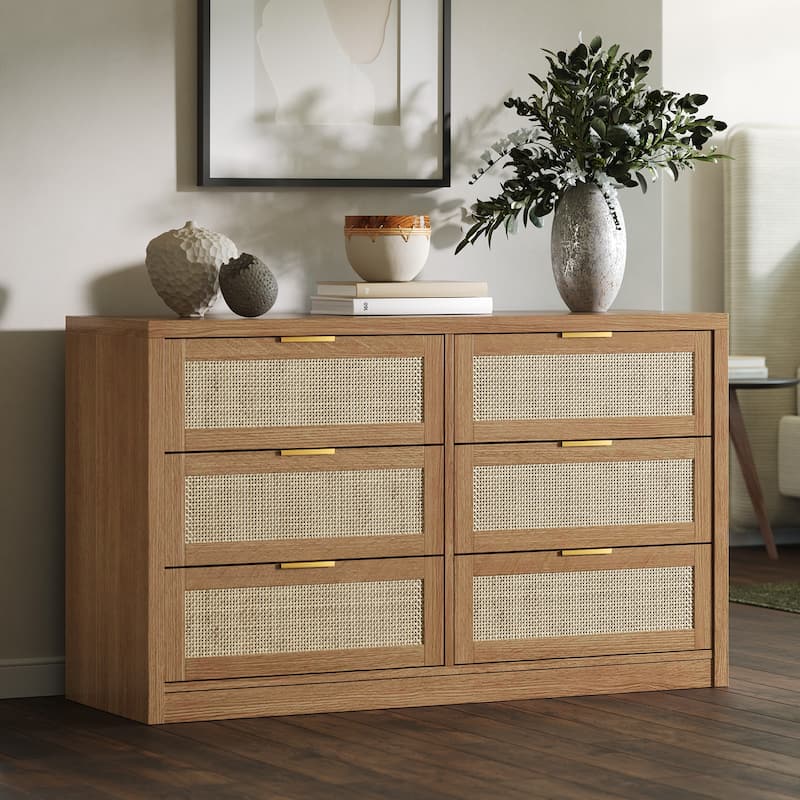 6/7-Drawer Dresser for Bedroom, Rattan Dresser Modern Wood Chest with Metal Handles