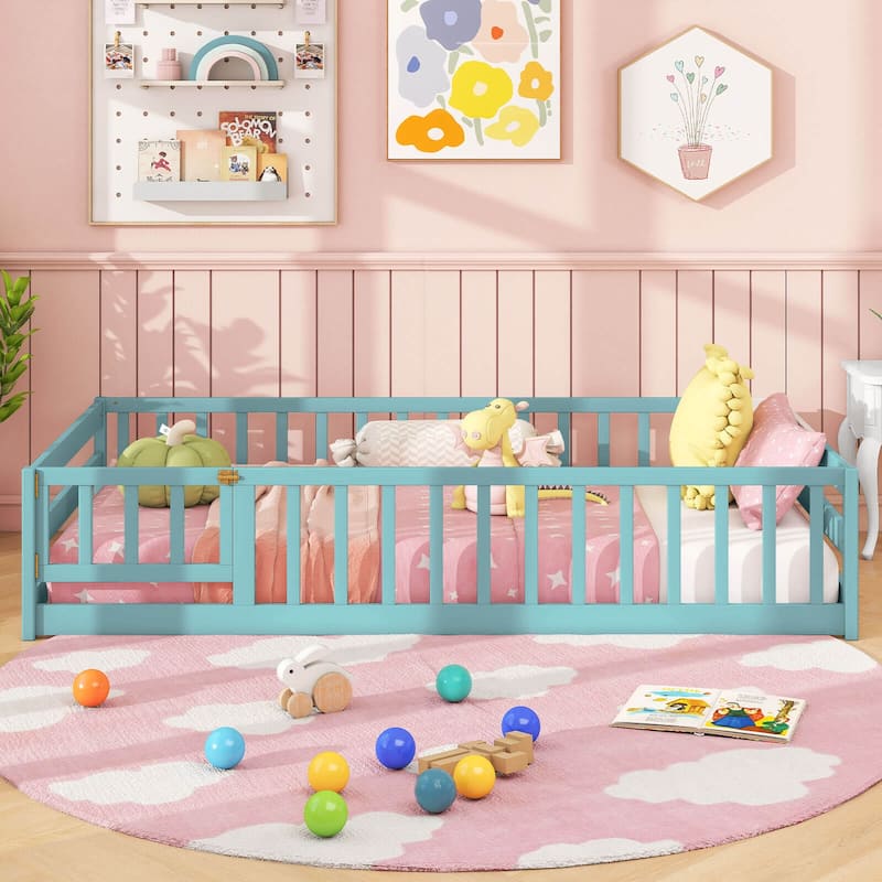 Costway Twin Size Floor Bed with Door & Fence with Safety Guardrails & - Icy Aqua