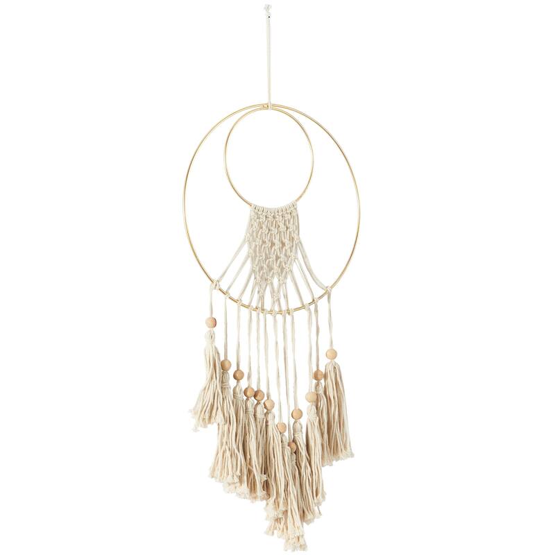Cotton Fabric Macrame Handmade Home Wall Decor with Wood Beads and Gold Circular Frame - Cream - Roche River Decor