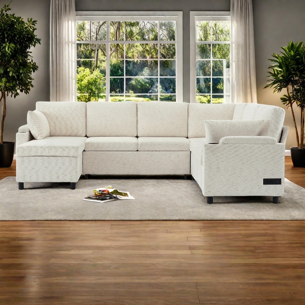 109.9" Chenille U-Shaped Sectional Sofa with Sofa Bed, Built-in Storage, Cup Holders and Charging Ports