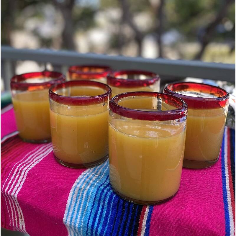 Dos Sueños Hand Blown Mexican Drinking Glasses - Set of 6 Red Rim Tumbler Glasses (10 oz each)