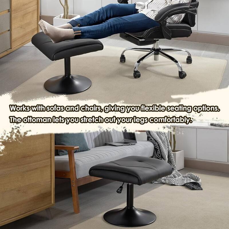 Javlergo Adjustable Height PU Leather Ottoman with 360° Swivel Footrest Stool for Office Under Desk Space Saving Ottoman