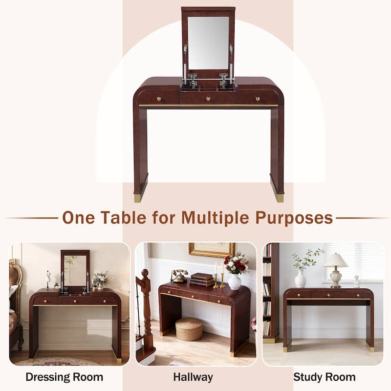 Roomfitters Flip Top Vanity Desk with Mirror and Hidden Storage, Modern Makeup Table with Gold Trim for Small Space