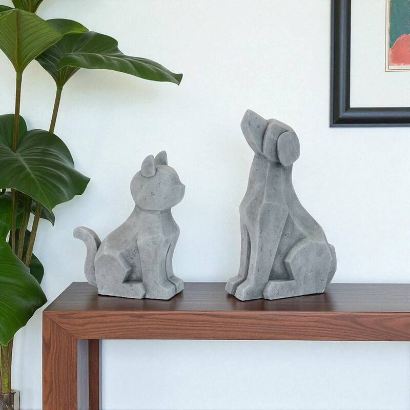 HomeRoots Set of Two Gray Polyresin Cat And Dog Figurines - 8.95 in. x 14.15 in. x 4.05 in. - Gray - 8.95 in. x 14.15 in.  x 4.05 in.