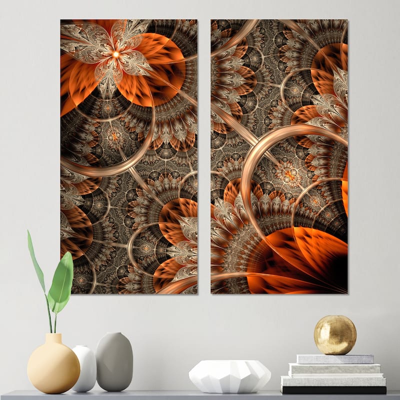 Designart "Orange Brown Digital Art Fractal Flower" Floral Canvas Wall Art Print 2 Piece Set - 16" W x 32" H x 1" D x 2 Pieces