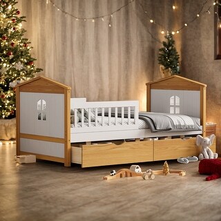 Twin Size House Bed with 2 Storage Drawers, Wooden Bed for Girls Boys Teens, No Box Spring Needed, Walnut & White Finish