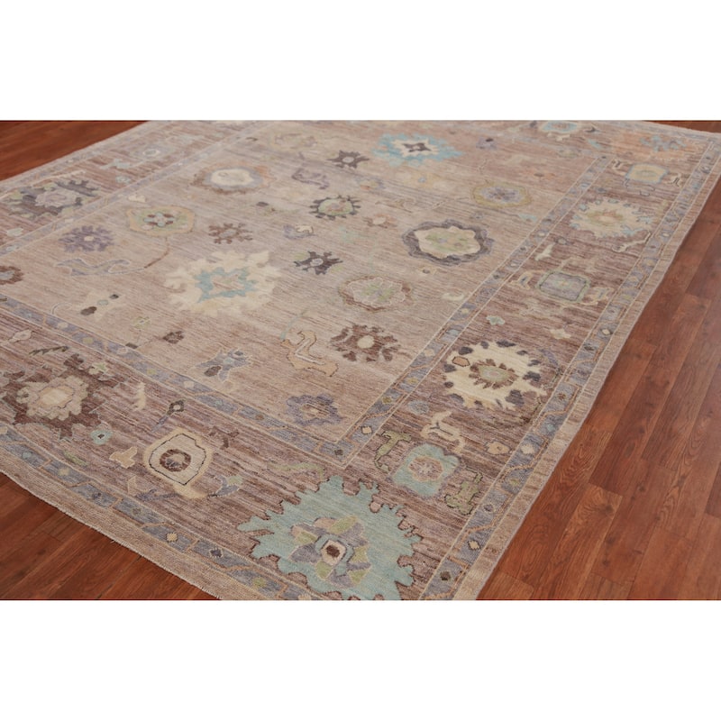Hand Knotted Oriental 100% Wool Carpet Transitional All-Over Brown Oushak Area Rug - 10' 6'' X 8' 0''