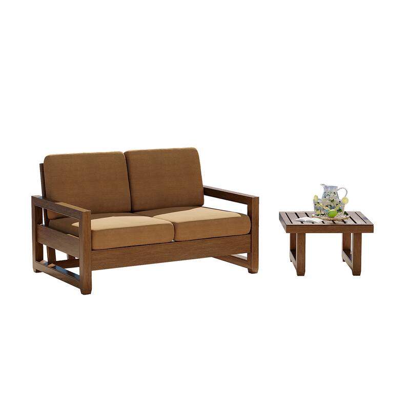 Teak Loveseat Patio Set with Cushions and Table (2-Piece)