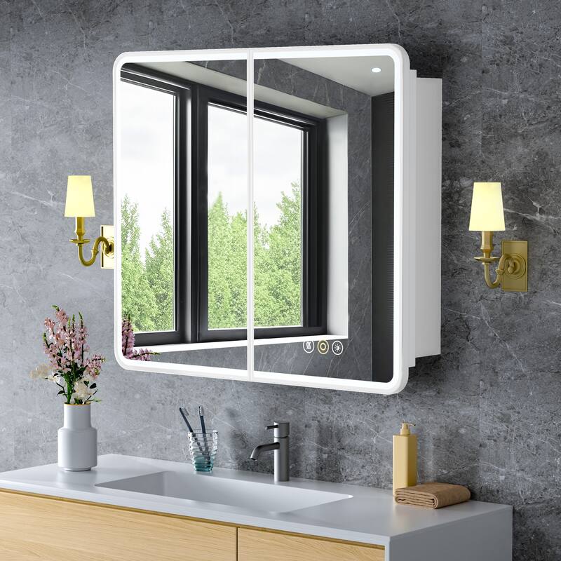 Aris Recessed/Surface Mount Bathroom Medicine Cabinet with Mirror and Lights, Dimmable, Adjustable Shelves, Fast Defogging