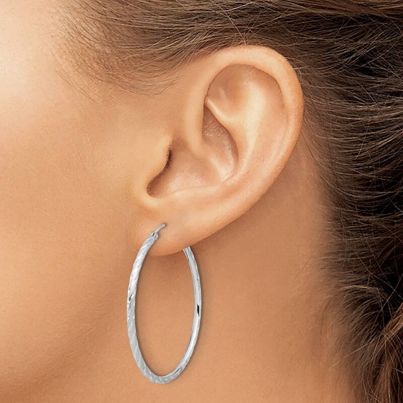 Curata 14k White Gold Polished and Satin Diamond cut Hoop Earrings - 40.5x40mm