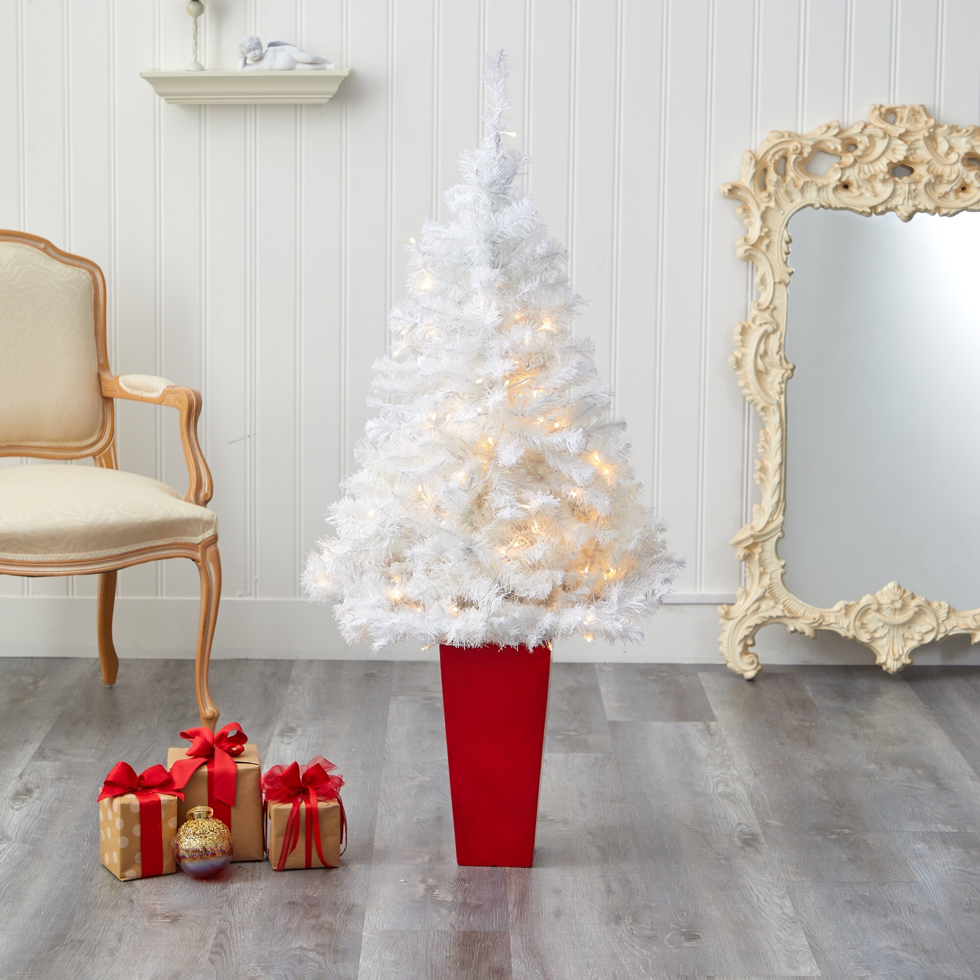 4.5' White Christmas Tree w/100 LED Lights in Red Planter