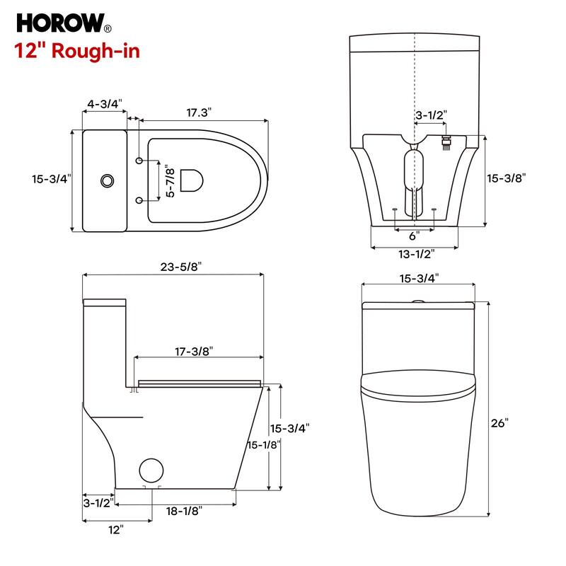 HOROW 1 Piece Dual Flush Elongated Toilet White Skirted Design 12 Inch Rough In Seat Included - N/A