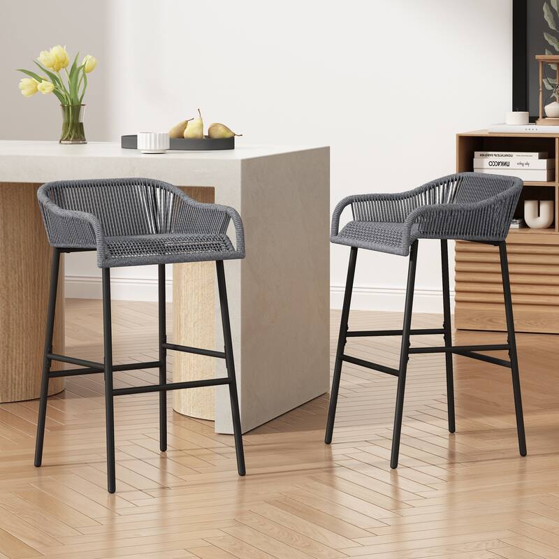 Neri Iron Outdoor Patio Rope Weave Barstools (Set of 2) by Christopher Knight Home - Dark Gray