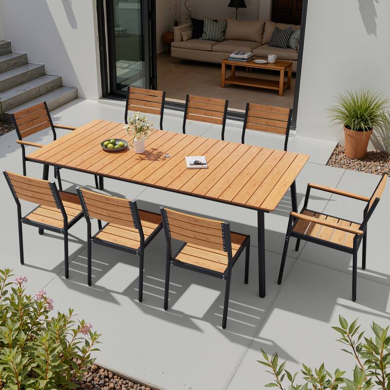 9-Piece Outdoor Patio Dining Set Wood-Like Table Top Alumium Umbrella Hole Table with Stackable Chairs - N/A - Brown