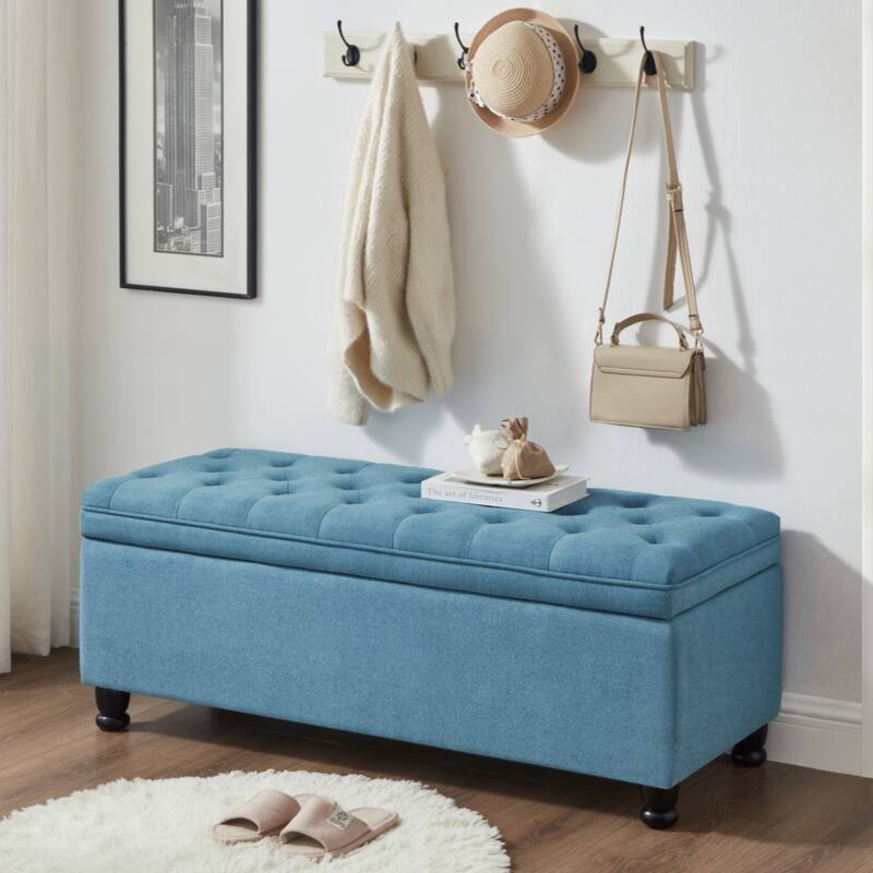 Upholstered tufted button storage bench ,Faux leather entry bench with spindle wooden legs, Bed bench