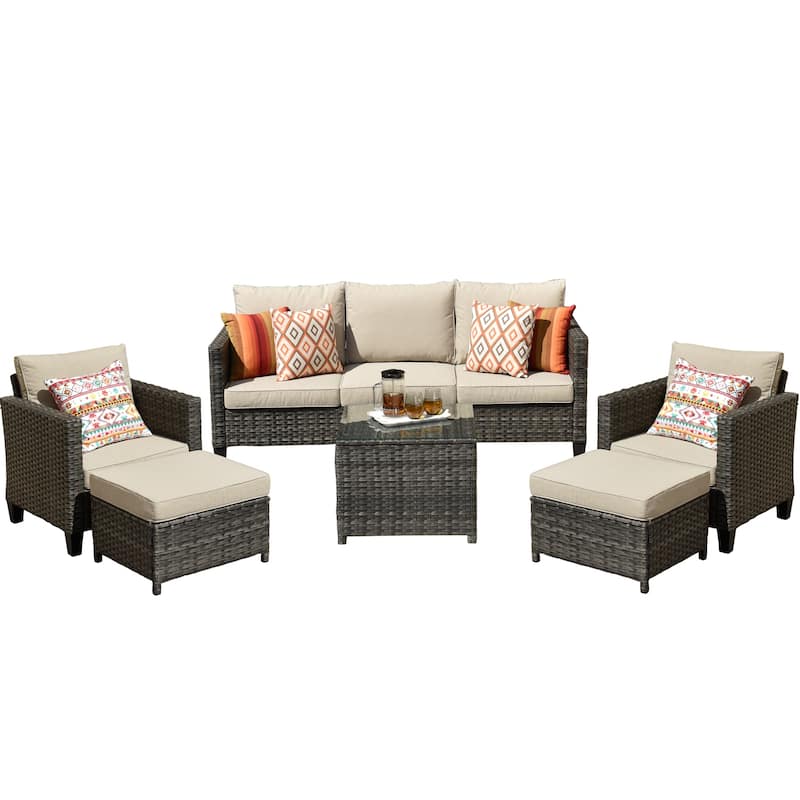 OVIOS 6-piece Outdoor Patio Wicker Conversation Set With Glass-Top Table