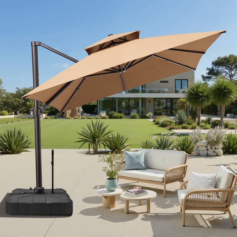 13 x 10ft Outdoor Patio Cantilever Offset Umbrella with Base - Tan