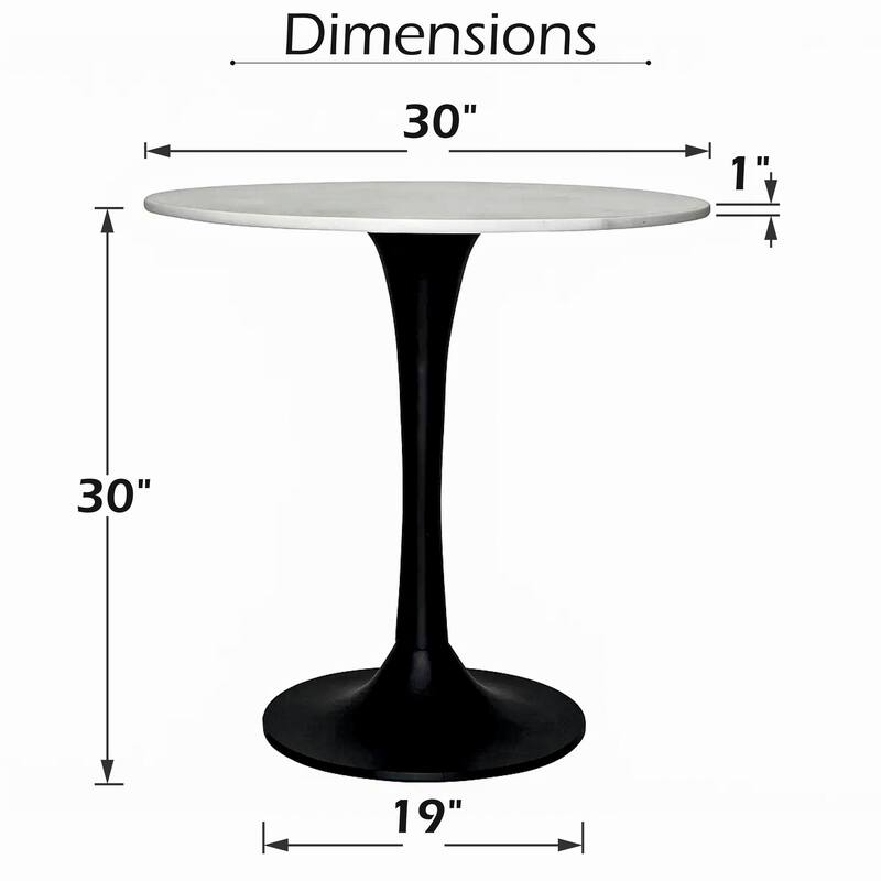 Mara Dining Table, 30 Inch Round White Genuine Marble Top, Black Metal Tulip Padestal Base - White, Black